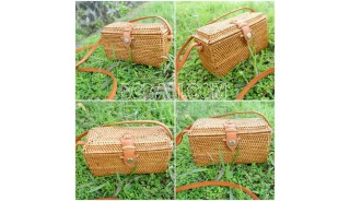 bali ethnic rattan grass handmade handbag leather handle